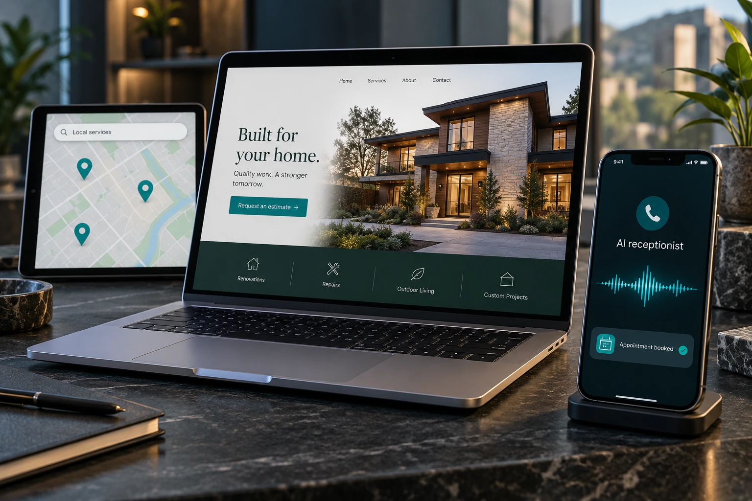 Illustration of a business website on a laptop, a local search map, and an AI receptionist on a phone