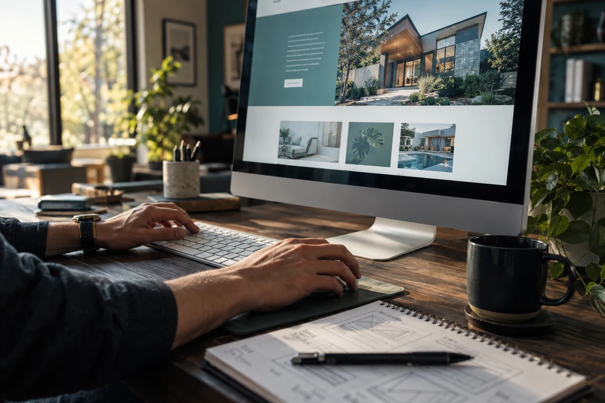 Illustrative scene of hands-on website design at a desk